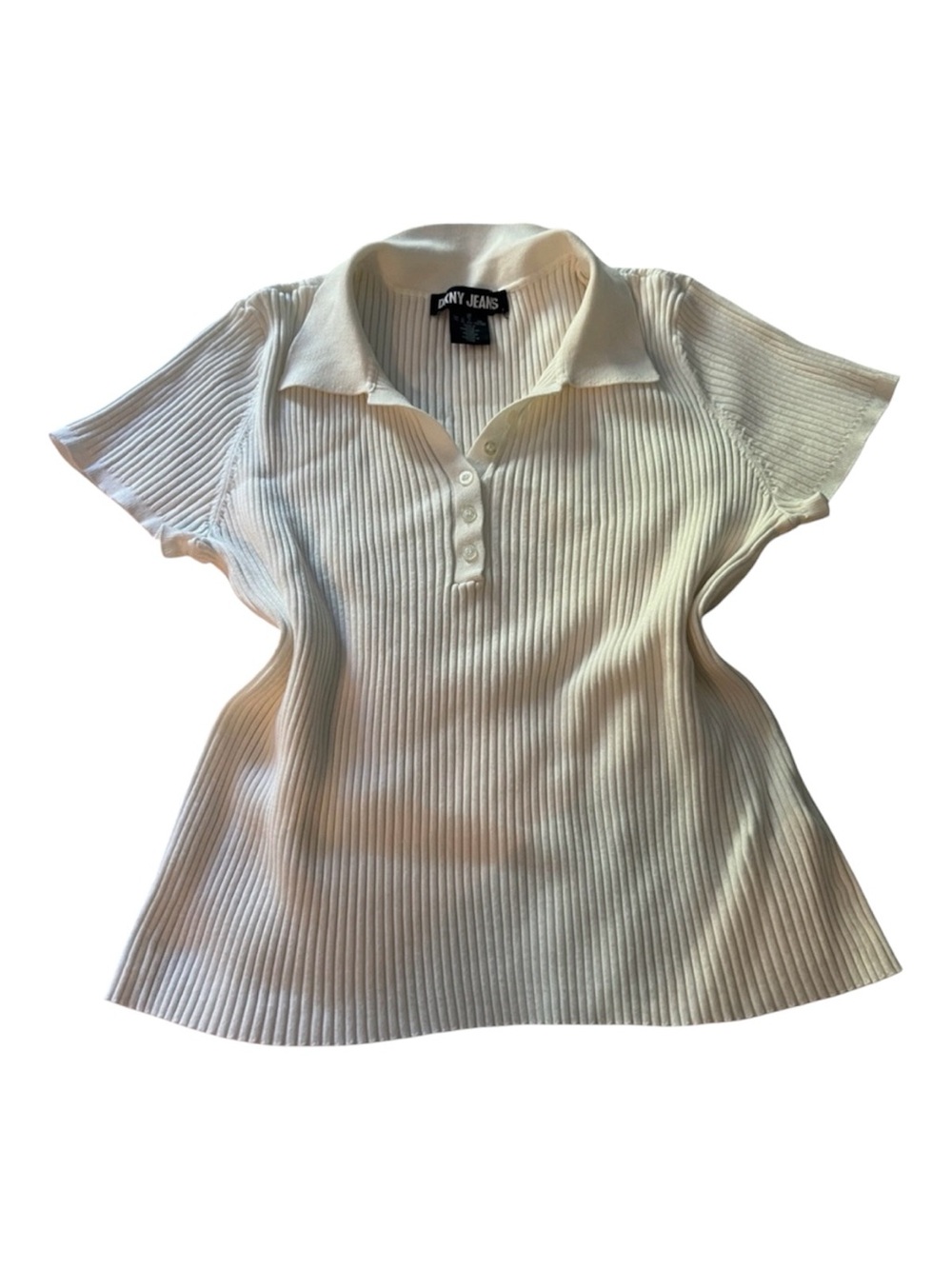Dkny Cream Ribbed Short-Sleeve Polo Button Top Xl
